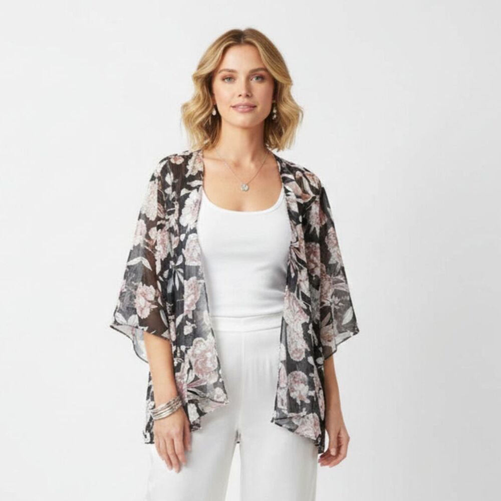 Tiana B Black Floral Print Open Front Blouse Top NEW 10P